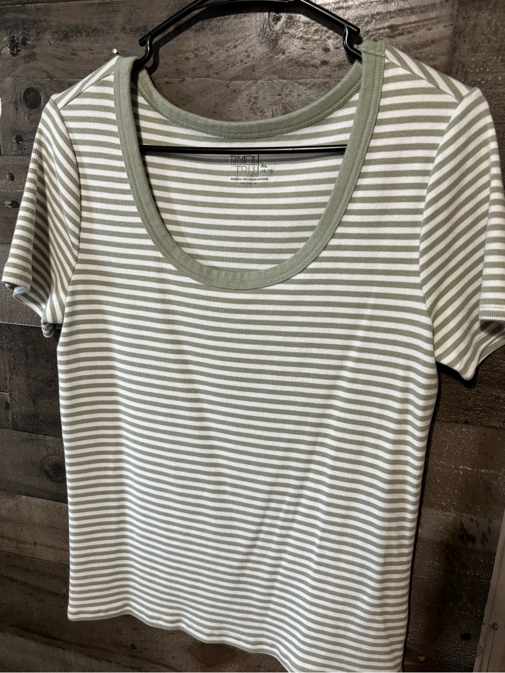 Time and Tru Olive and White Striped Scoop Neck Tee